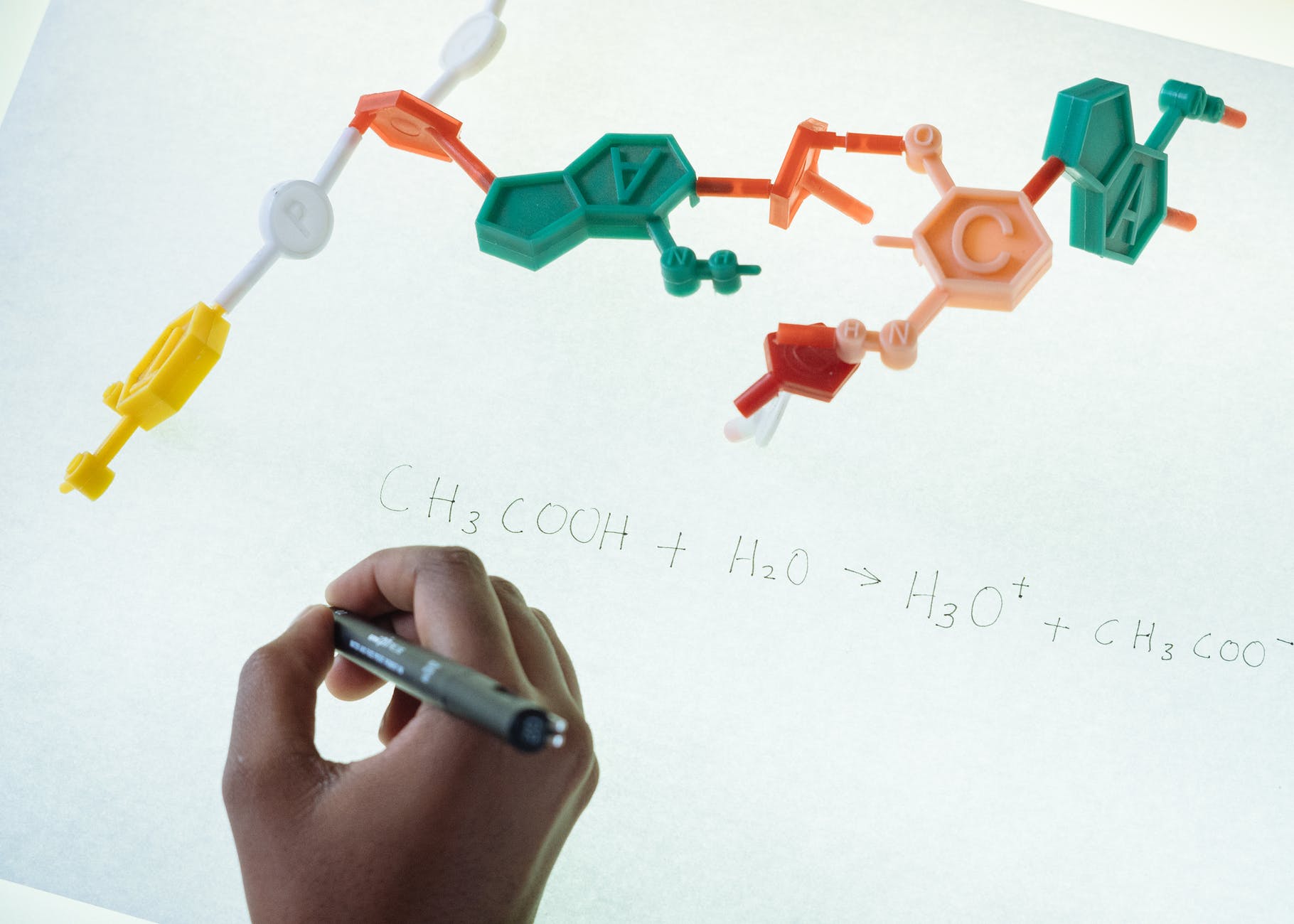 crop ethnic clever student writing formula after analysis of molecule model in university