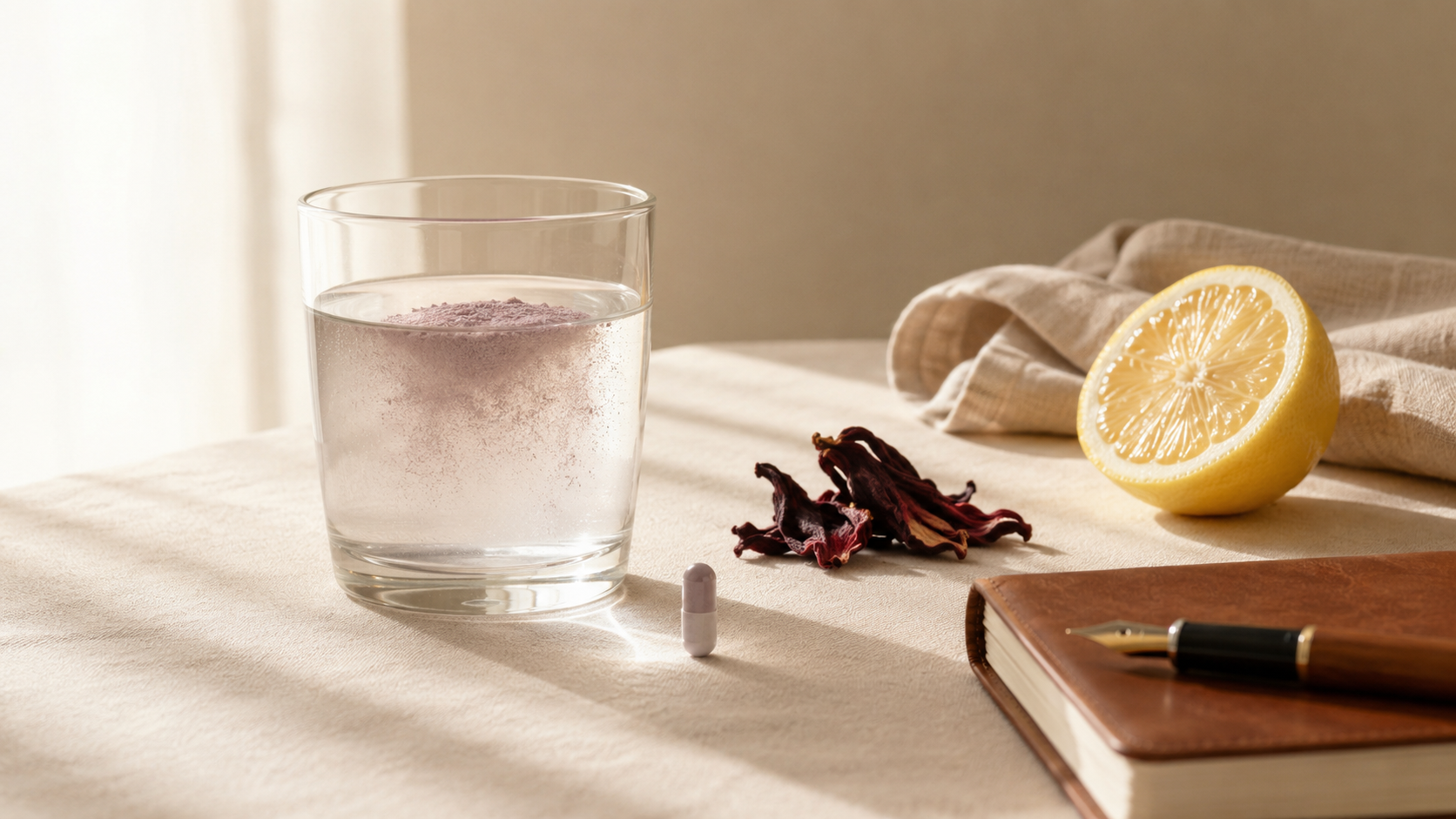 A minimalist editorial still life with a glass of water, probiotic capsule, notebook, and dried flower — illustrating the gut-skin axis self-experiment.