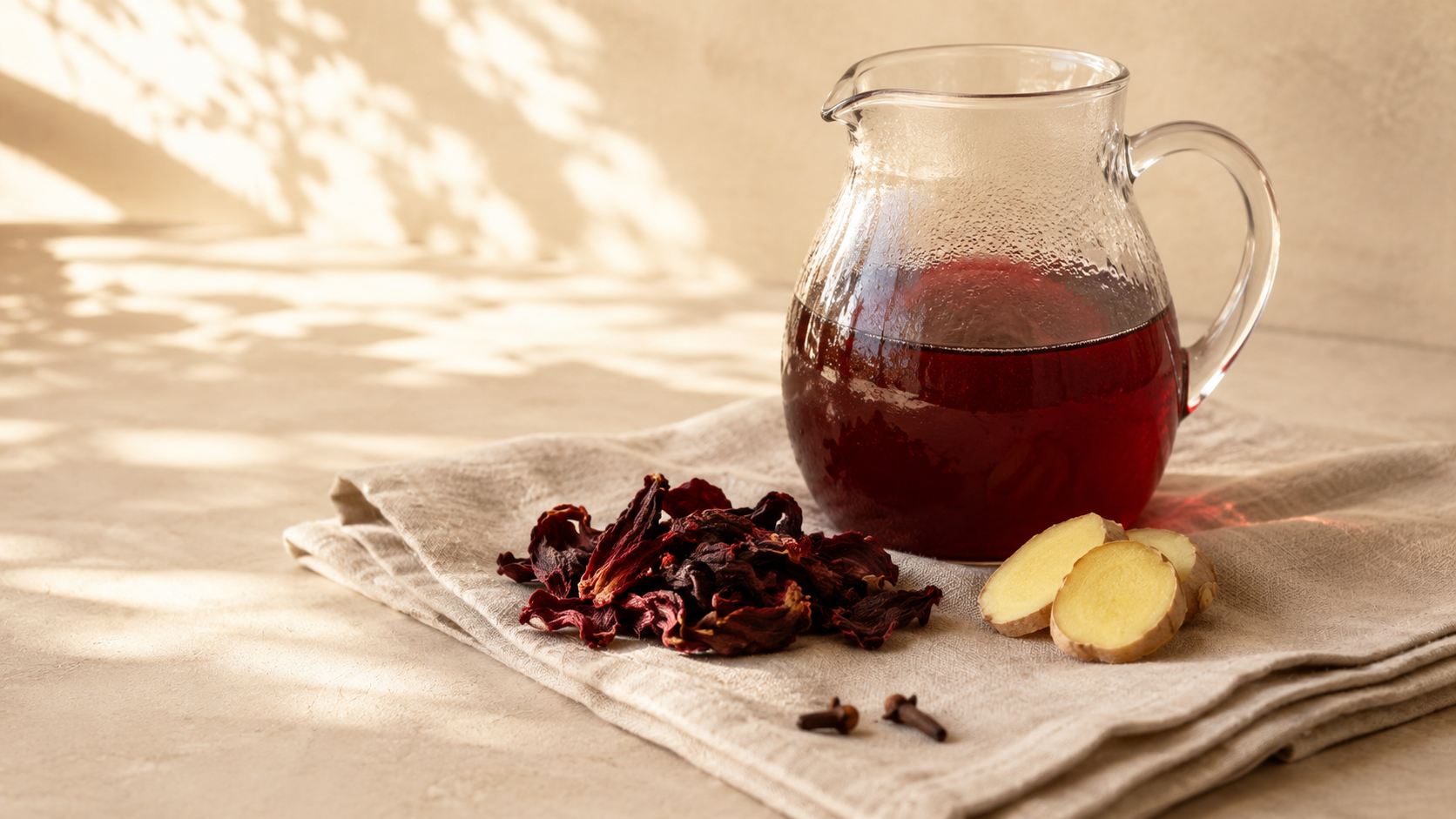 Editorial still life of a glass pitcher of deep red hibiscus tea, dried hibiscus flowers, sliced ginger, and cloves on a linen cloth — warm, natural light, minimalist.