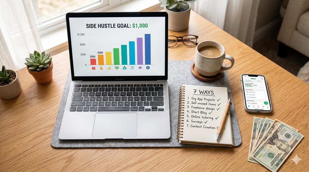 7 ways to make an extra $1000 a month-Flat lay of laptop showing $1000 a month goal with coffee mug, smartphone, notebook and cash on wooden desk